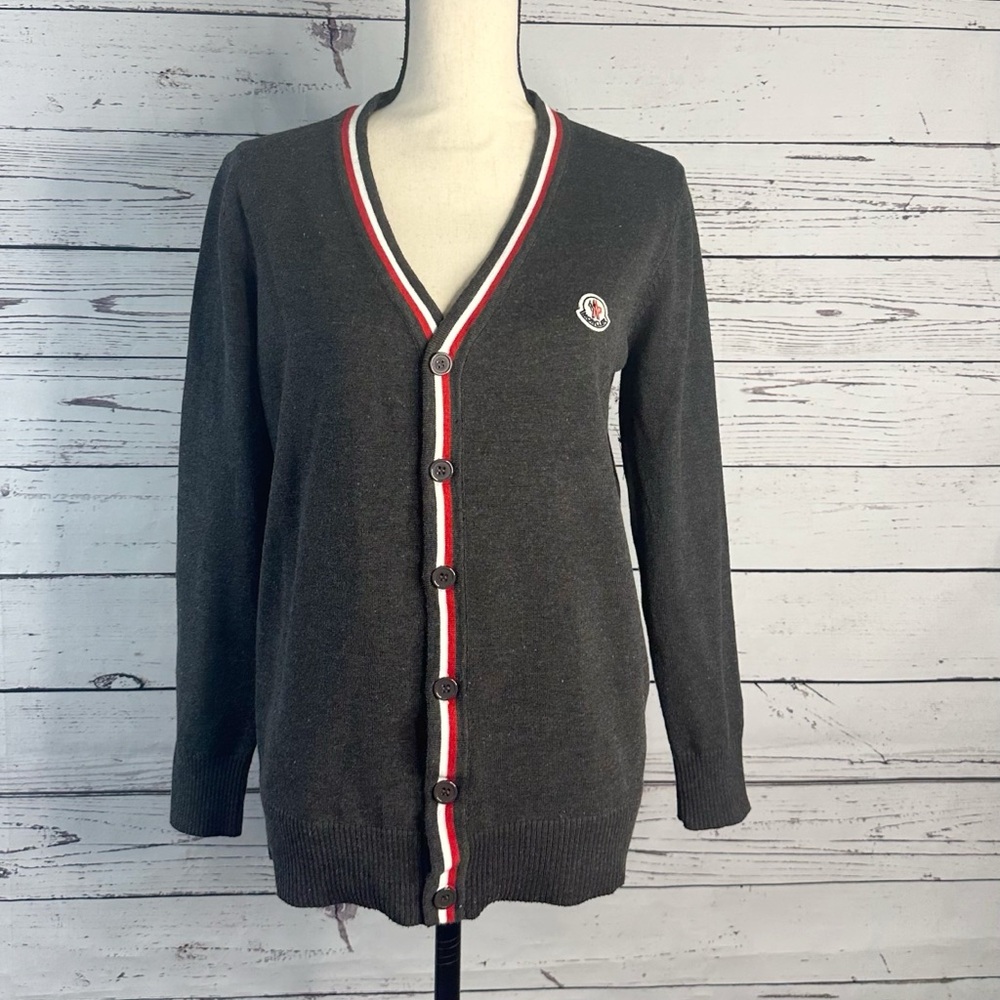 Moncler Charcoal Gray Cardigan with Red, White & Navy Trim